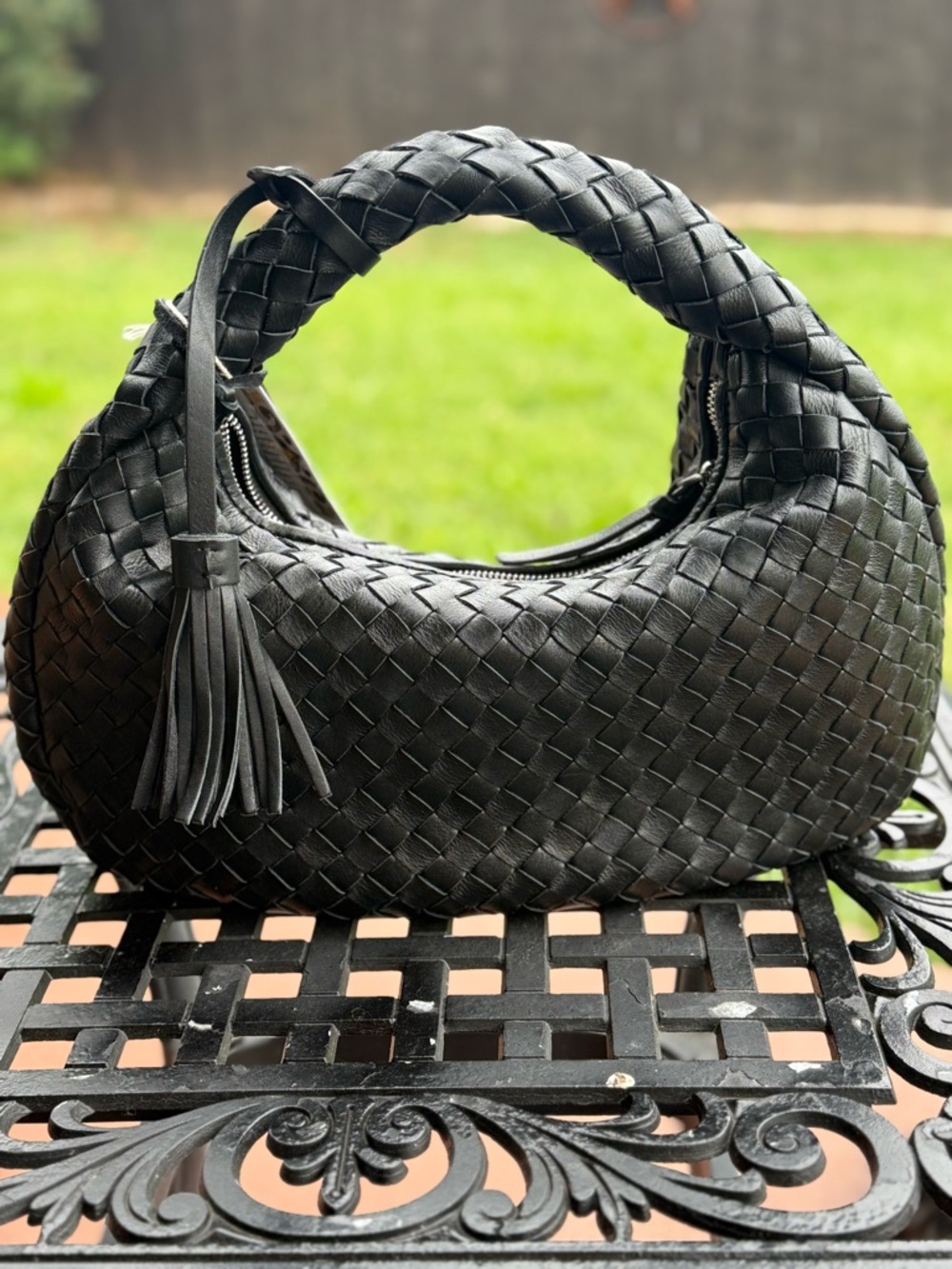 Handcrafted Woven Black Leather Hobo Bag Oversized Braided Handle Tassel Purse - Picture 3 of 7